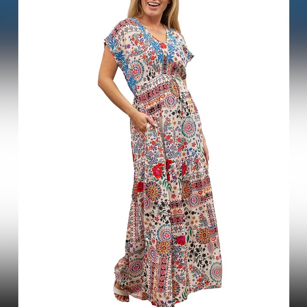 Karyn Seo Gypsy Bohemian Print Cinched Waist V-Neck Short Sleeve Maxi Dress